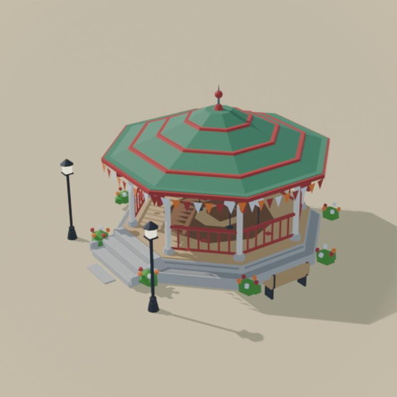 An octagonal bandstand with a green roof and bunting.