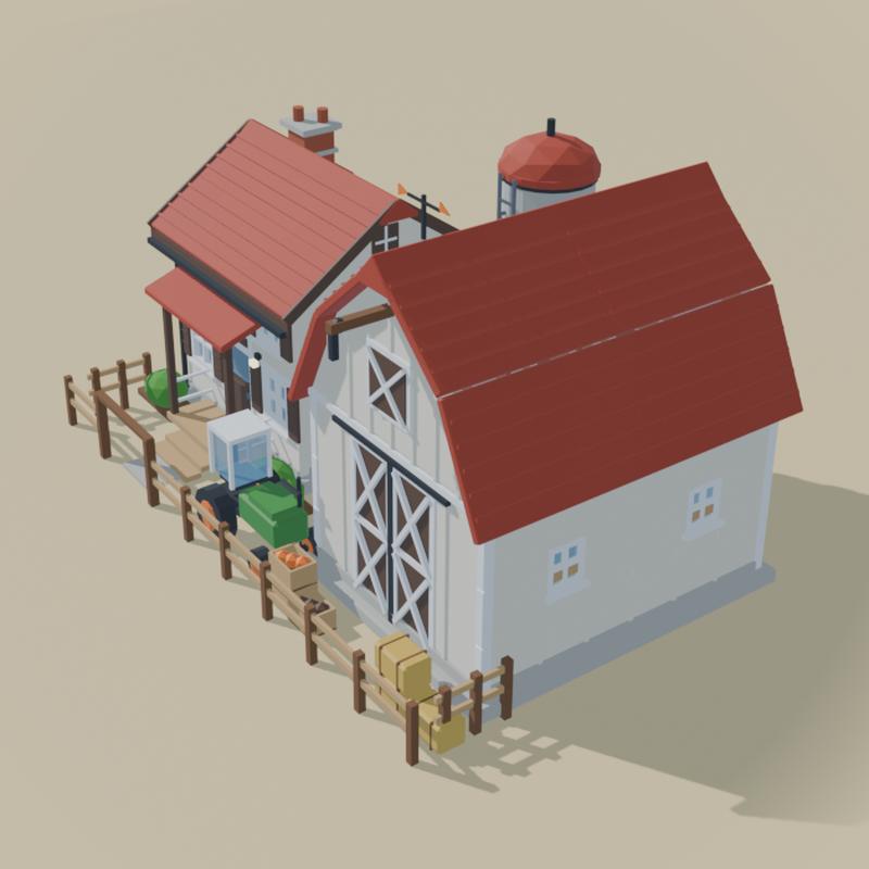 A farm with a red-roofed barn, a farmhouse and a silo.